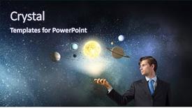  Presentation with planets - Beautiful presentation featuring businessman exploring planets of sun backdrop and a  colored foreground