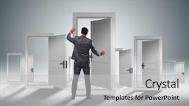  Presentation with business challenge businessman entrance maze - Slides with businessman facing many business opportunities background and a light gray colored foreground