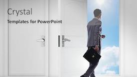  Presentation with business challenge businessman entrance maze - Audience pleasing PPT theme consisting of businessman facing many business opportunities backdrop and a light gray colored foreground