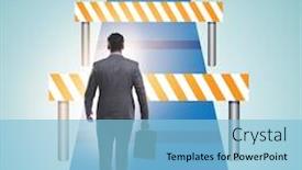  Presentation with business challenge businessman entrance maze - Slide deck enhanced with businessman facing running barriers in challenging business background and a light blue colored foreground