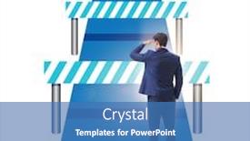  Presentation with business challenge businessman entrance maze - Presentation theme consisting of businessman-facing-running-barriers background and a teal colored foreground