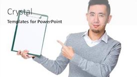  Presentation with finger point - PPT theme featuring businessman finger point to clipboard background and a white colored foreground