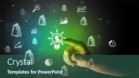  Presentation with multimedia - PPT layouts with businessman-finger-touching-on-screen background and a ocean colored foreground