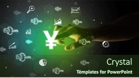  Presentation with multimedia - Slide deck enhanced with businessman-finger-touching-on-screen background and a tawny brown colored foreground