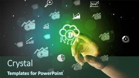  Presentation with multimedia - Presentation design featuring businessman-finger-touching-on-screen background and a ocean colored foreground