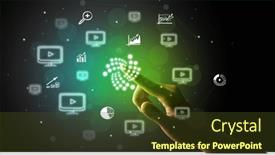  Presentation with multimedia - PPT theme featuring businessman-finger-touching-on-screen background and a tawny brown colored foreground