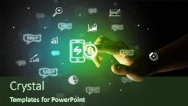  Presentation with multimedia - Presentation theme having businessman-finger-touching-on-screen background and a tawny brown colored foreground