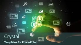  Presentation with multimedia - PPT theme having businessman-finger-touching-on-screen background and a ocean colored foreground