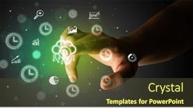  Presentation with multimedia - Presentation design consisting of businessman-finger-touching-on-screen background and a tawny brown colored foreground