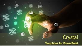  Presentation with multimedia - PPT theme consisting of businessman-finger-touching-on-screen background and a tawny brown colored foreground