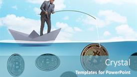  Presentation with bitcoins - Beautiful presentation theme featuring businessman fishing bitcoins in cryptocurrency mining concept backdrop and a teal colored foreground
