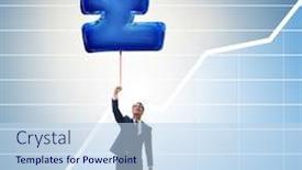  Presentation with british - Slide deck having businessman flying on british pound sign inflatable balloon background and a sky blue colored foreground