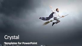  Presentation with flying - Slide deck enhanced with businessman flying on broom high background and a  colored foreground