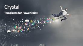 Presentation with flying - Theme with businessman flying on broom high background and a dark gray colored foreground