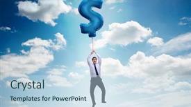  Presentation with dollar sign - Cool new theme with businessman flying on dollar sign backdrop and a sky blue colored foreground