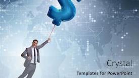  Presentation with gold dollar sign - Cool new slide deck with businessman flying on dollar sign inflatable balloon backdrop and a light blue colored foreground