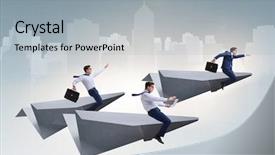  Presentation with plane flying in everest - Slide set having businessman flying on paper plane background and a light gray colored foreground