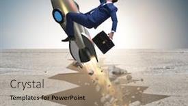 Presentation with gap - Presentation design enhanced with businessman flying on rocket from rock gap background and a coral colored foreground