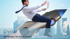  Presentation with rocket - PPT theme enhanced with businessman-flying-on-rocket background and a light blue colored foreground