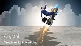  Presentation with gap - Amazing PPT theme having businessman flying on rocket from rock gap backdrop and a gray colored foreground