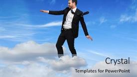  Presentation with cloud based shared services - PPT layouts consisting of businessman flying over a cloud background and a  colored foreground