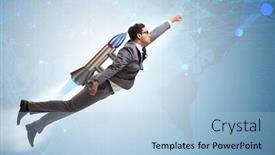  Presentation with rocket - Cool new PPT theme with businessman-flying-with-rocket backdrop and a light blue colored foreground