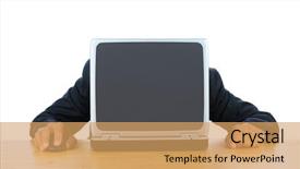  Presentation with hidden - PPT theme enhanced with businessman frustrated with technology with his head down on his laptop man is hidden behind computer only his hands and arms are visible horizontal format isolated over white background and a yellow colored foreground