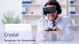  Presentation with game - Amazing PPT layouts having businessman gamer in office playing backdrop and a sky blue colored foreground