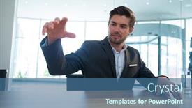  Presentation with desk - Slide deck with businessman-gesturing-at-desk background and a ocean colored foreground