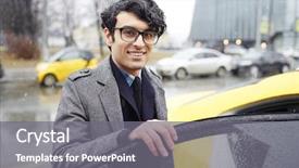  Presentation with hail - Beautiful slide deck featuring businessman getting in taxi cab backdrop and a gray colored foreground