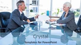  Presentation with colleague farewell goodbye - Audience pleasing presentation design consisting of businessman giving paper to hos colleague in office backdrop and a light blue colored foreground