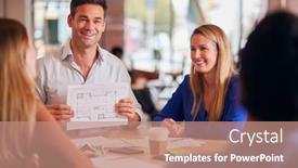  Presentation with giving - Cool new PPT theme with businessman-giving-presentation-to-colleagues backdrop and a coral colored foreground