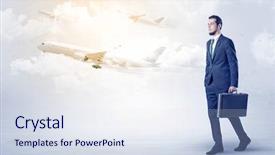  Presentation with airplane wing through airplane window - Slide deck with businessman going somewhere with briefcase background and a sky blue colored foreground