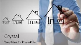  Presentation with hand drawn cartoon of sports - Slide set enhanced with businessman hand drawing a house background and a light gray colored foreground