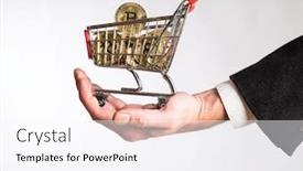  Presentation with bitcoins - Presentation design featuring businessman hand holding a shopping cart full of bitcoins background and a sky blue colored foreground