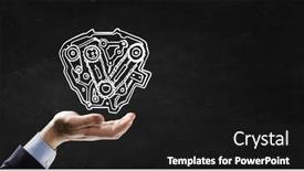  Presentation with mechanism - PPT theme with businessman hand holding chalk drawing of gears mechanism background and a dark gray colored foreground