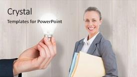  Presentation with wooden cross against the sky - PPT theme having businessman hand holding light bulb - smiling businesswoman against wooden planks background and a lemonade colored foreground