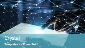  Presentation with virtual hand - Amazing slide deck having businessman hand holding virtual panel representing net connection backdrop and a teal colored foreground