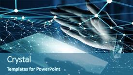  Presentation with virtual hand - Colorful PPT theme enhanced with businessman hand holding virtual panel representing net connection backdrop and a ocean colored foreground