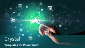  Presentation with graphic - PPT theme having businessman-hand-pressing-stock-graphic background and a ocean colored foreground