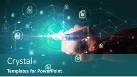  Presentation with graphic - PPT theme enhanced with businessman-hand-pressing-stock-graphic background and a ocean colored foreground