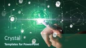  Presentation with graphic - PPT theme having businessman-hand-pressing-stock-graphic background and a ocean colored foreground