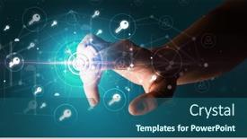  Presentation with information - PPT theme consisting of businessman-hand-pressing-stock-graphic background and a ocean colored foreground