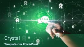  Presentation with information - PPT theme with businessman-hand-pressing-stock-graphic background and a ocean colored foreground