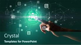  Presentation with information - Presentation design with businessman-hand-pressing-stock-graphic background and a ocean colored foreground