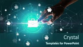  Presentation with information - PPT layouts having businessman-hand-pressing-stock-graphic background and a ocean colored foreground