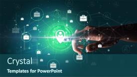  Presentation with information - PPT theme having businessman-hand-pressing-stock-graphic background and a ocean colored foreground