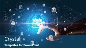  Presentation with information - PPT theme enhanced with businessman-hand-pressing-stock-graphic background and a ocean colored foreground