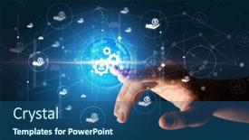  Presentation with information - Presentation theme with businessman-hand-pressing-stock-graphic background and a ocean colored foreground