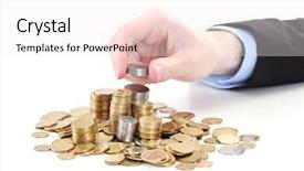  Presentation with hand to hand - Theme consisting of businessman hand put coins isolated background and a sky blue colored foreground